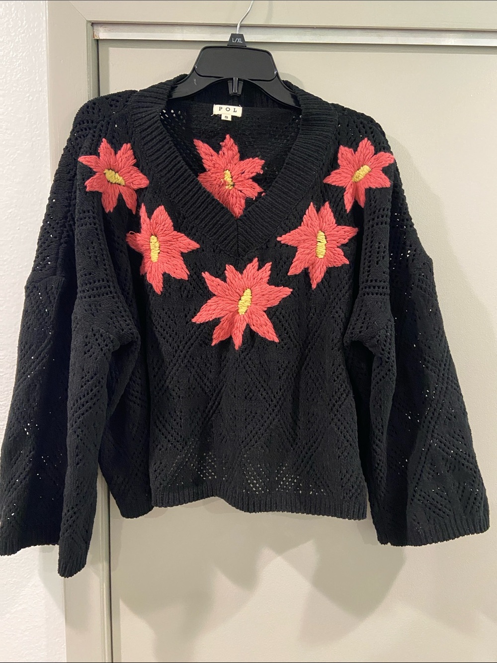 POL Black V-Neck Sweater with Coral Floral Appliqués
